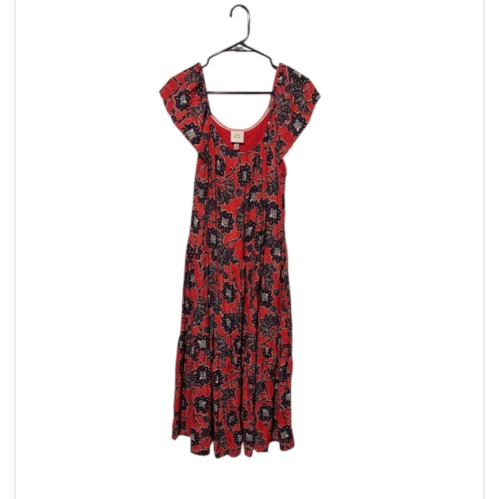 Boho Peasant Dress Milkmaid Babydoll Tiered Midi Maxi M Red Floral Festival